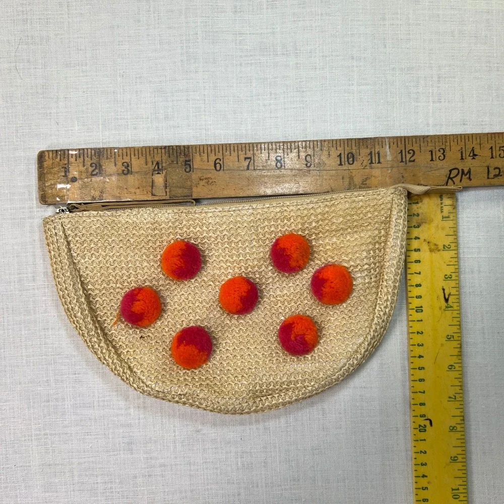 Boho Straw Pompom Clutch Women Tan Orange Half Moon Zipper Pouch Summer Bag 12in